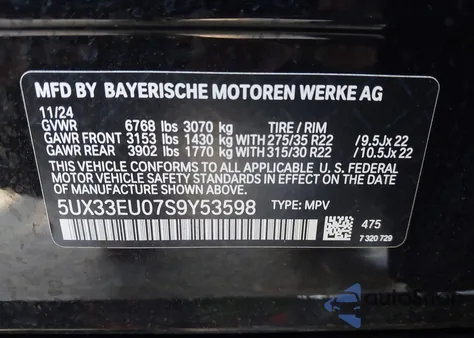 2025 BMW X5 M60I from USA, damaged, VIN 5UX33EU07S9Y53598